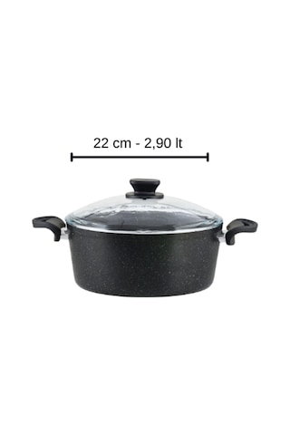 Diez 22 cm Granit Derin Tencere Siyah Cam Kapaklı Yapışmaz