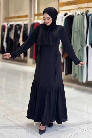 Pilise Detaylı Medine İpeği Elbise & Şal İkili Takım Siyah -