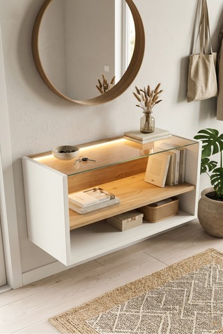 Yurudesign Yoda Temperli Camlı Led Işıklı 2 Bölmeli Duvara Monte Dresuar Duvar Rafı Sepet-beyaz Yd33-sw