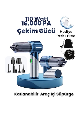Yeni 16000pa Güçlü Portatif Vakumlu Ve Üflemeli Katlanabilir Araç Içi Süpürge Pro Hl-133 Mavi