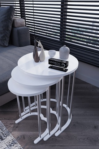 3' Lü Zigon Sehpa Gümüş Ayak Beyaz 18 Mm Mdf Gümüş