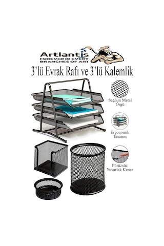 Siyah Metal Evrak Rafı 3 Lü Ve Masaüstü Kalemlik 3 Lü 1 Paket Masaüstü A4 Dosya 3 Katlı Düzenleyici Kağıt Tepsisi