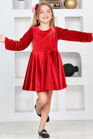 Kız Çocuk Kadife Elbise-içi Tüllü Ve Fiyonk Süslemeli 7-12 Yaş 12427 Kırmızı
