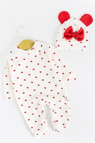 Kalp Desenli Şapkalı Kız Bebek Tulum 001