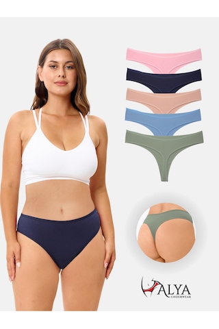 Alya Underwear Kadın Bato Tanga Pamuklu Külot, Büyük Beden String, 5'li Paket- 2 Siyah, 1 Beyaz, 2 Ten P14