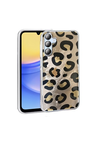 Samsung Uyumlu Galaxy A15 Kılıf Desenli Zore Mep Kapak Gold Leopar