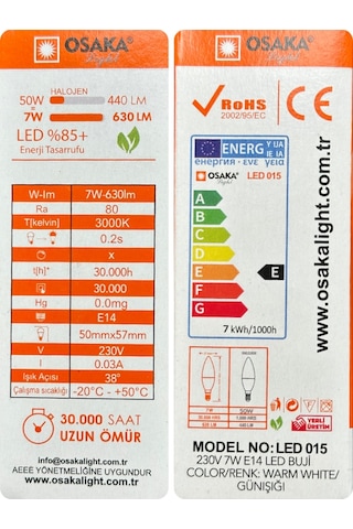 3 Adet Osaka 7w 50w Sarı Işık 3000k E14 Duylu İnce Duy Led Mum Ampul