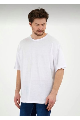 Erkek Oversize Pamuklu Bisiklet Yaka Kısa Kollu T-shirt BEYAZ