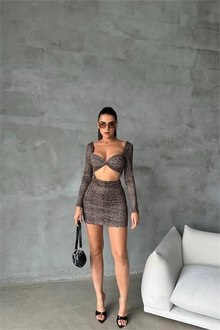 Kadın Leopar Sırt Ve Göğüs Dekolteli Mini Elbise Dpnbdf079 Kahverengi