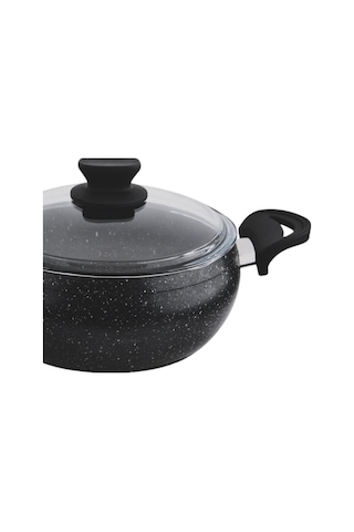 Granit Pro 28 Cm Derin Granit Güveç Tencere Siyah Bakalit Saplı Cam Kapaklı Yapışmaz
