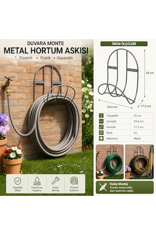 Duvara Monte Metal Hortum Askısı 25 Metre Kapasiteli Bahçe Hortumu Tutucu Ve Düzenleyici Gri 29 Cm 24.6 Cm 17.3 Cm