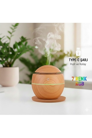 Prime Home Oval 200ml Hava Nemlendirici - 7 Renk Rgb Işıklı Difüzör - Type-c Girişli Aromaterapi Regular Açık Ahşap