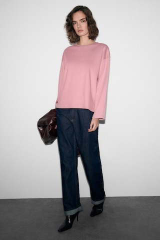Grımelange Neat Kadın Organik Pamuklu Bisiklet Yaka Oversize Fit Uzun Kollu Pembe T-shirt Pembe