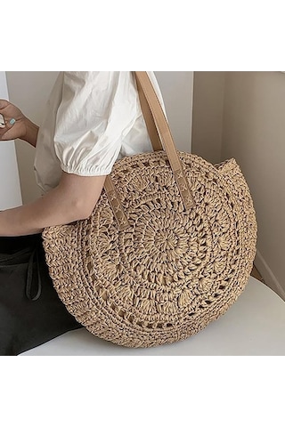 Novahub Haki Kadın Plaj Çantası, Hasır Omuz Çantası, Boş Çiçek Tasarım, Büyük Kapasiteli Haki