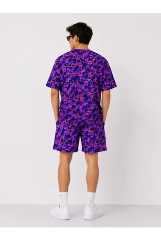 Efnaz Style Erkek Oversize Kalıp Pubg Bape X Shark Nakışlı Cepli Şort Takım - Mor