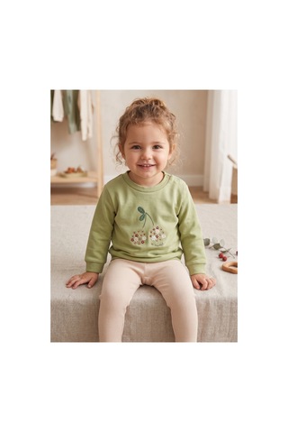 Deniva Kids Organik Pamuklu Yeşil Kiraz Nakışlı Bebek Kız Alt Üst Takım - 9 - 12 Ay