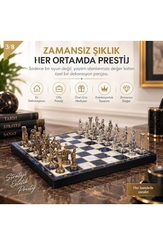 Lüks Metal Satranç Takımı Osmanlı Bizans Figürlü Krom Mavi Mermer Desenli 20x20 Premium Hediye Seti