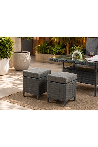 Vi Lza 7 Kişilik Rattan Bahçe Balkon Teras Oturma Grubu Gri Minderli 3+1+1 80x140 Cm Masa, 2 Adet Puf - Antrasit
