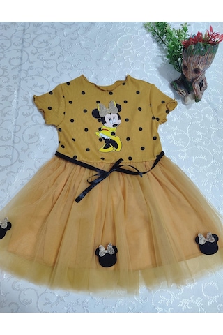 Veraura Lifestyle 2-3-4 Yaş Puantiyeli Mickey Baskılı Kurdela Kuşaklı Astarlı Kız Bebek Tütü Elbisesi Hardal