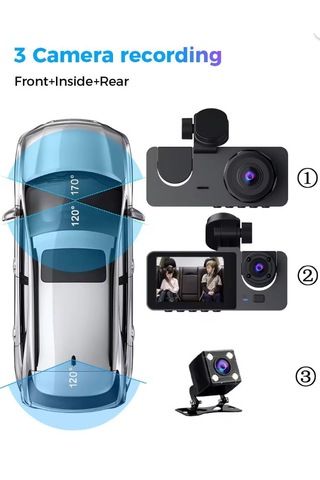 Araç İçi Kayıt Cihazı Ön + İç + Arka Kamera Geniş Açı Ve Hd Görüntü Mobil Uygulama Destekli