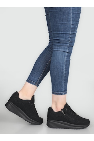 Konfores 1662 Anatomik Tabanlı Fermuarlı Bayan Sneakers Siyah Nubuk Siyah