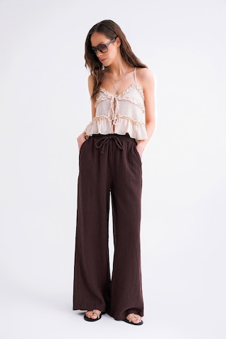 4286 Kadın Bol Paça Beli Lastikli Müslin Palazzo Pantolon Kahve Kahve