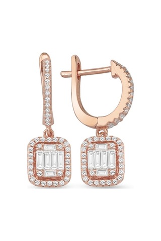 Monemel Kristal Tasli Rose Gold Gümüş Sallantılı Buyuk Baget Küpe Gümüş - Rodyum