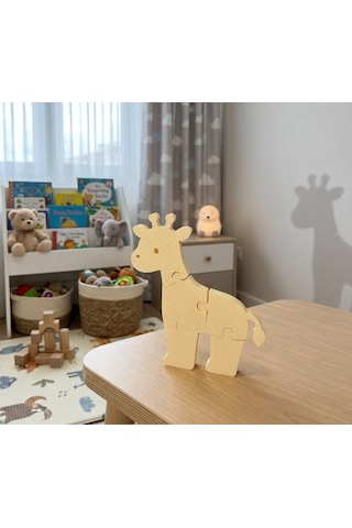 Ahşap Görünümlü Zürafa Figürlü Çocuk Yapbozu - Eğitici 3d Montessori Bebek Oyuncağı