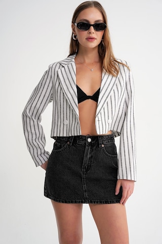 4641 Kadın Keten Çizgili Crop Ceket Siyah Siyah