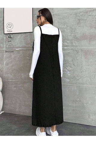 Shevega Kadın Uzun Siyah Bahçivan Askili Elbise Siyah