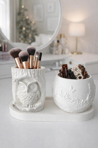 Baykuş & Çiçek Desenli El Yapımı Dekoratif Organizer Seti Tepsili