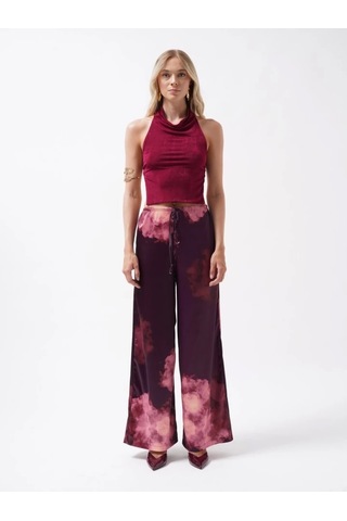 Defymoda Bel Lastikli Desenli Saten Pantolon Bordo