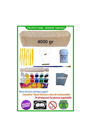 Seramik Hamuru 4000 Gr, 7li Plastik Ebeşuar Modelaj Seti , Kesme Teli-ipi, Guaj, Doğal Kil Çamuru