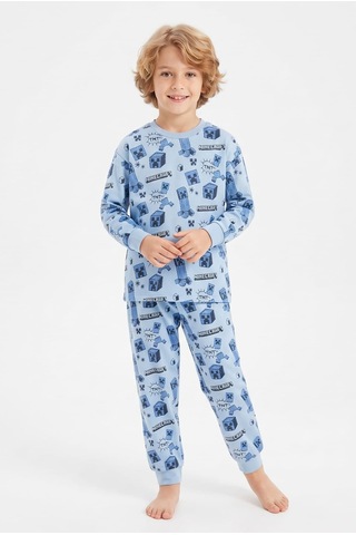 Bunny Hopp %100 Pamuk Süprem Erkek Çocuk Pijama Takımı Mavi Piksel Desenli Gamer Temalı Penye