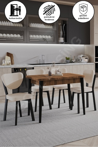 Faymend 4lü, Açılır, Döner, Mutfak Masası Takımı, Yemek Masası, Kapalı Ölçü: 75x80 Cm - Açık Ölçü: 80x150 Cm Ceviz