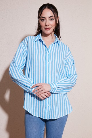 Fashion Friends Pamuklu Çizgili Oversize Uzun Kollu Gömlek Gömlek 26y0670k1 Mavi