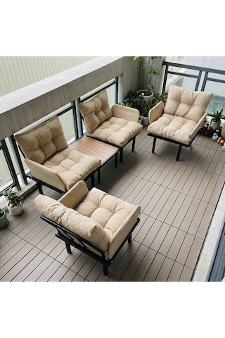 Bahçe Takımı Balkon Ve Cafe Modüler Metal Koltuk Takımı 2+1+1 Sehpalı Bej 1637 Bej