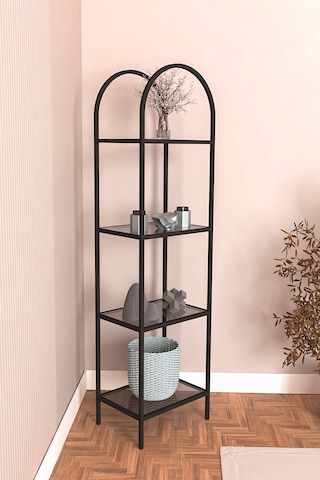 Mona Siyah Köşe Kitaplık Dekoratif Aksesuar Rafı Mutfak Rafı 40cm Füme Camlı