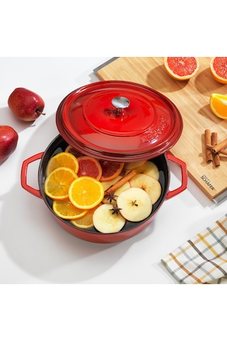 Schafer Guss Chef Döküm Basık Tencere 26cm-2 Parça-kırmızı Gri