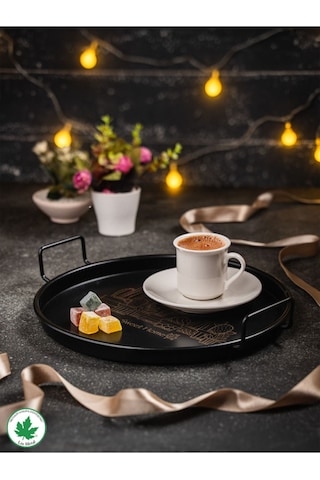 Lin Metal 24cm Yuvarlak Tel Kulplu Tepsi Kaktüs Baskılı - Siyah