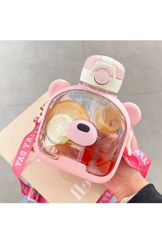 Createtech Şeffaf Hasır Bardak, Pembe Ayı Desenli Pembe