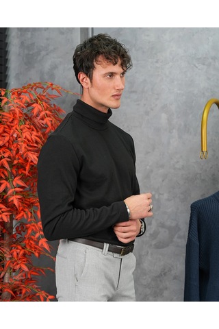 Modefendi Slim Fit İtalyan Kesim Tam Balıkçı Boğazlı Kazak Siyah