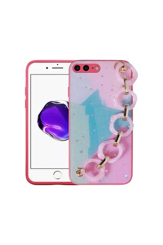 Apple Uyumlu iPhone 7 Plus Kılıf Simli Desenli El Askılı Tutacaklı Zore Elsa Silikon Kapak Pembe Koyu