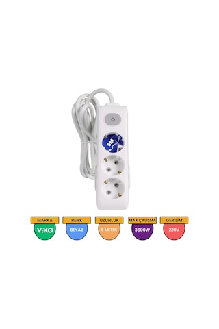 Viko Multi-let 3'lü Grup Priz Anahtarlı Topraklı Çocuk Korumalı 5 Metre Beyaz - 90117305