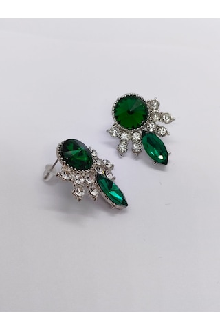 Sapphire Store Gümüş Renk Yeşil Taşlı Küpe Gümüş