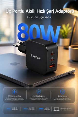 80w Üç Portlu Usb-c Girişli Akıllı Hızlı Şarj Adaptörü