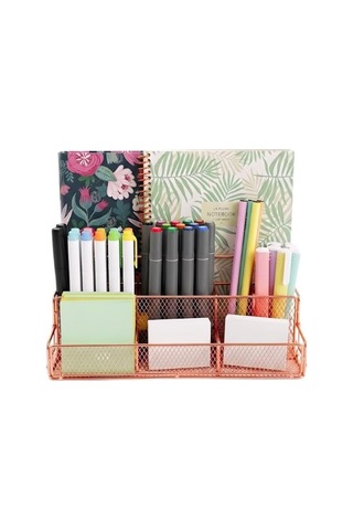 Rose Gold Metal Mesh Masaüstü Organizer Çok Bölmeli 27x14x11 Cm Genel