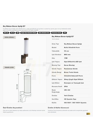 7lux Bronz Kollu Silindirik Dış Mekan Led Duvar Apliği Dekoratif Ip64 6500k