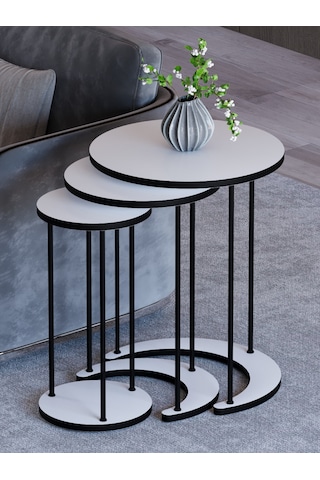 Alpa Ev Mobilya Ay 3 Lü Yuvarlak Zigon Sehpa Seti, Modern Metal Ayaklı C Model Şık Yan Sehpa Beyaz