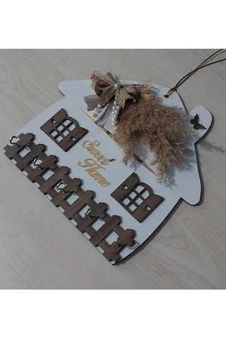 Sweet Home Yazılı Ahşap Anahtar Askılığı Duvar Askılı Anahtarlık Beyaz